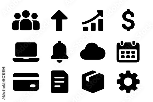 Membership Growth Icons. Membership growth. Solid icon set of membership growth: user group, arrow up, graph, dollar sign, laptop, bell, cloud, calendar,
