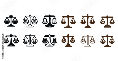 Set of diverse scales of justice icons in black and brown styles