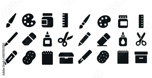 Icons of art and office supplies: brushes, scissors, glue, paint palette, notebook, rulers