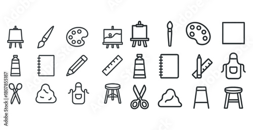 Art supplies icons: easel, brush, palette, canvas, scissors, apron, pencil, ruler