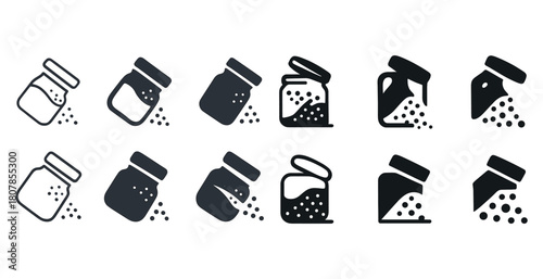 Set of spice jar icons with pouring design in various styles