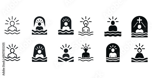 Set of baptism icons illustrating diverse religious symbolism