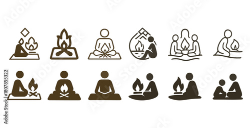 Minimalist icons of people meditating around a campfire in various styles