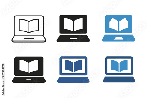 E-Learning Logo Variations. E-learning and online courses. Icon set. Set Logo of e-learning and online courses: laptop with open book. harmonious