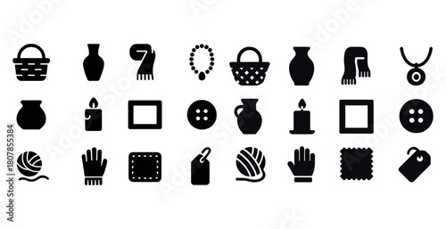Set of home and fashion icons: basket, vase, scarf, necklace, yarn, candle, button, tag, frame, gloves