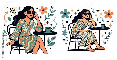 Stylish female at café in floral dress with coffee and sunglasses