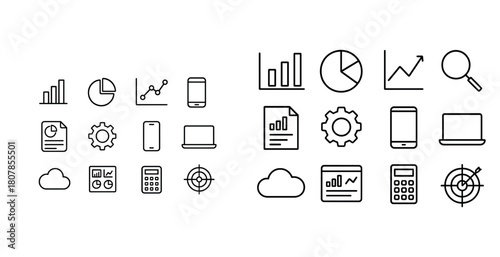 Minimalist business icons set: charts, devices, analytics, and cloud symbols
