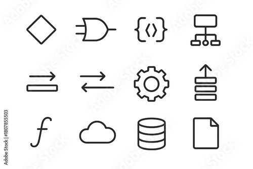 System Logic Icons. System logic. Line icon set of system logic: decision diamond, logic gate, code brackets, flowchart, input, output, gear, data arrow,