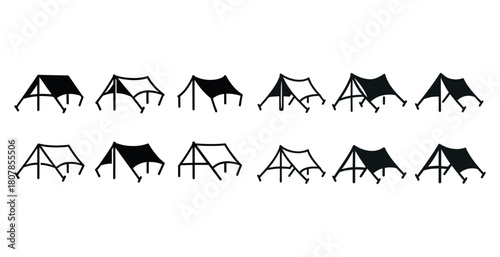 Various styles of camping tents silhouettes set on white background