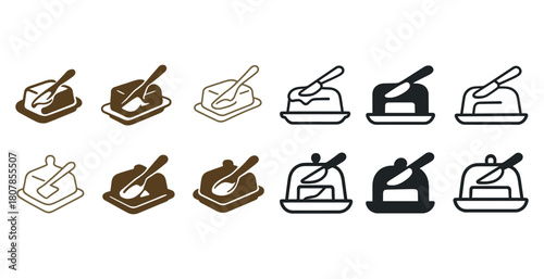 Butter dish icons in various styles with knife and cover
