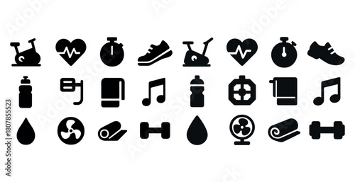 Fitness icons set: exercise equipment, music, hydration, heartbeat