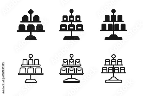 Logo Variations Grid. Product table display. Icon set. Set Logo of product table display: tiered stand with neatly arranged merchandise. harmonious logo