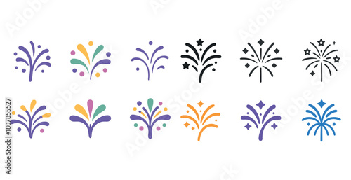 Colorful firework icons set - variety of festive celebration symbols
