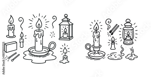 Hand-drawn candle and lantern illustrations with matches
