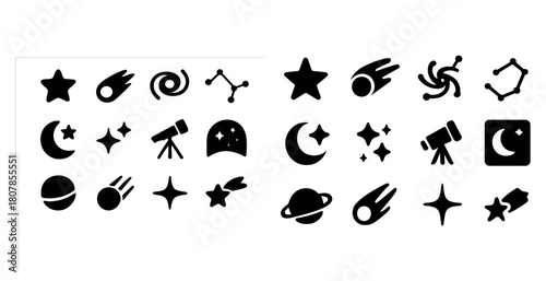 Black space icons: stars, moons, telescopes, planets, comets, constellations, galaxies