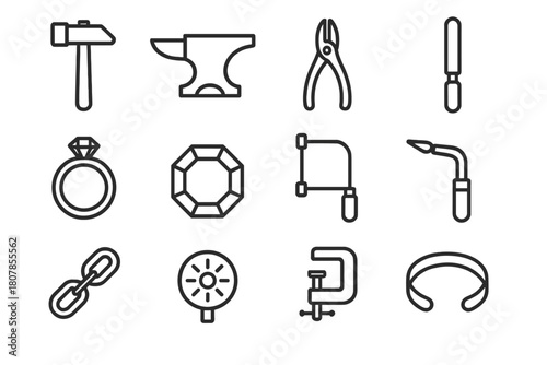 Jewelry Tools Icons. Metalworking for Small Jewelry Projects. Line icon set of Metalworking for Small Jewelry Projects: hammer, anvil, pliers, file, ring,