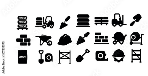 Construction silhouette icons: tools, equipment, and vehicles collection