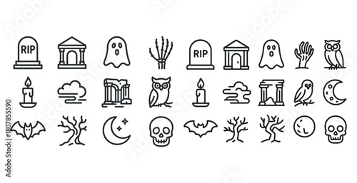 Halloween icon set: ghosts, tombstones, owls, skulls, and more