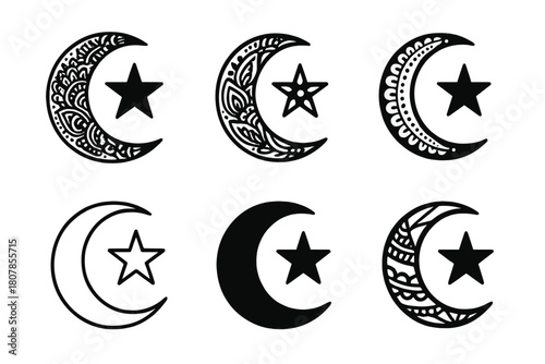 Henna Art Icons. Henna art. Icon set. Set Logo of henna art: crescent moon and star mehndi motif. harmonious logo variations of the same emblematic concept,