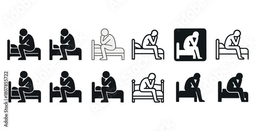 Silhouette variations of people sitting on beds in thoughtful poses