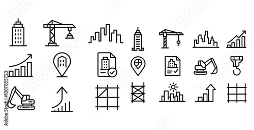 Construction icons collection: buildings, cranes, graphs, structuring tools