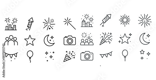 Festive line icons: fireworks, celebration, and party elements