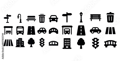 Collection of urban icon silhouettes: bus, car, bench, and sign symbols