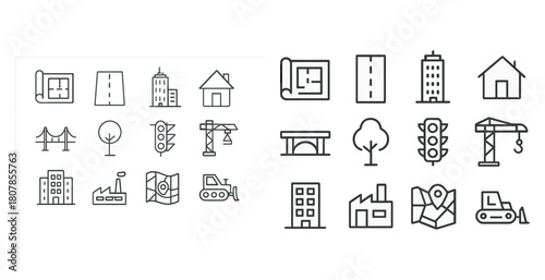 Simple icons representing infrastructure: roads, buildings, and construction elements