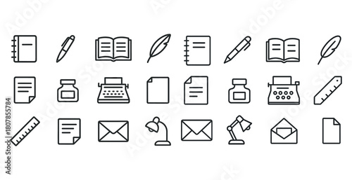 Collection of office and writing icons featuring notebooks, pens, typewriters, envelopes, and lamps