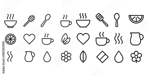 Set of minimalist beverage icons: cups, citrus, and honey dipper designs
