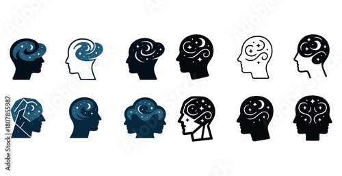 Abstract human silhouettes with cosmic patterns in heads