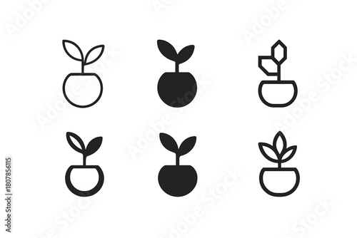 Minimalist Potted Plant Icons. Small potted plants for desk decoration. Icon set. Set Logo of small potted plants for desk decoration: minimalist plant in