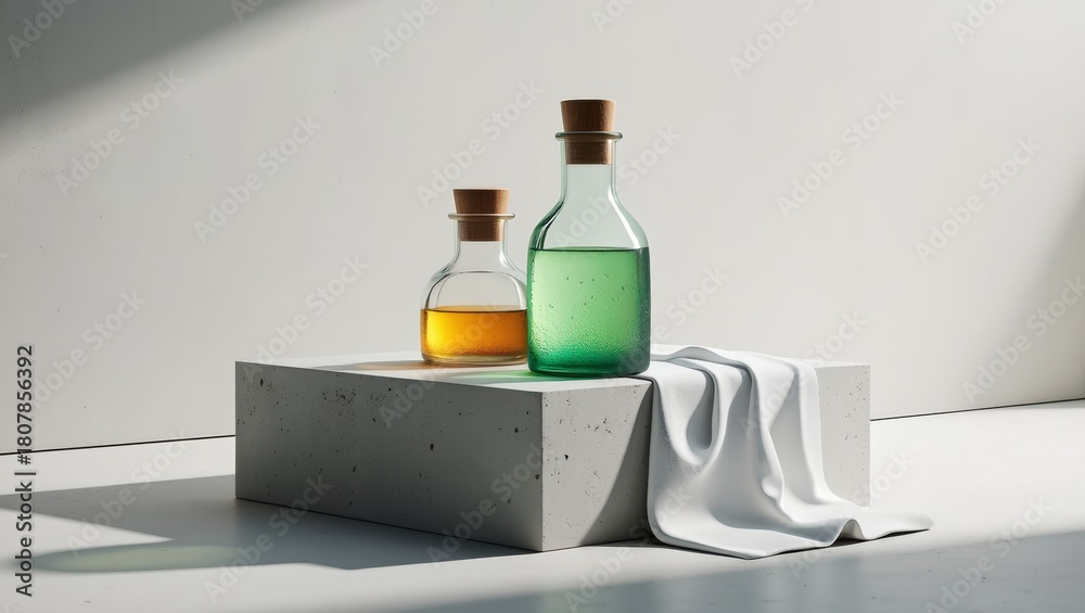 Obraz premium Minimalist still life of two glass bottles with yellow and green liquid and cork stoppers on a concrete podium with draped white cloth under hard sunlight