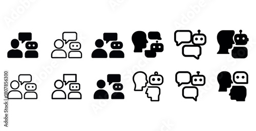 Communication icons: human and robot interaction in speech bubbles
