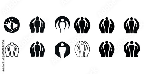 Abstract human figures protected by hands: symbols of safety and care