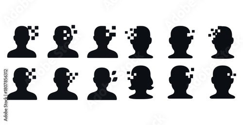 Digital disintegration: silhouettes of men and women with pixelated heads