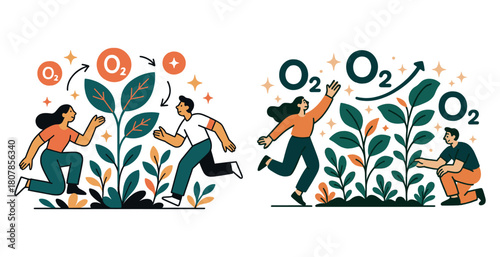 Illustrations of oxygen cycle with young adults in nature