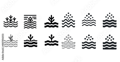 Set of twelve abstract water and plant icons in black and white