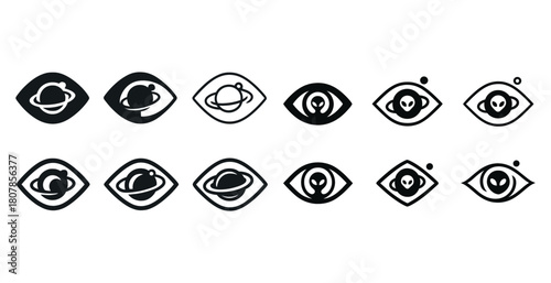 Set of alien and planet icon designs in black and white