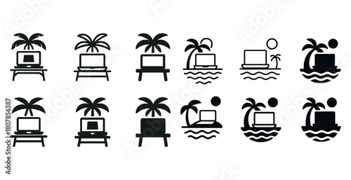 Laptop and palm tree icons in black and white: tropical work themes