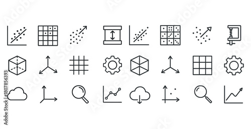 Data visualization icons set featuring graphs, grids, and magnifying glasses