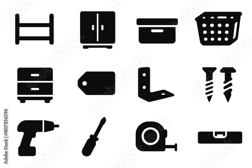 Storage Solutions Icons. Storage solutions. Solid icon set of storage solutions: shelf, cabinet, box, basket, drawer, label, bracket, screws, drill,
