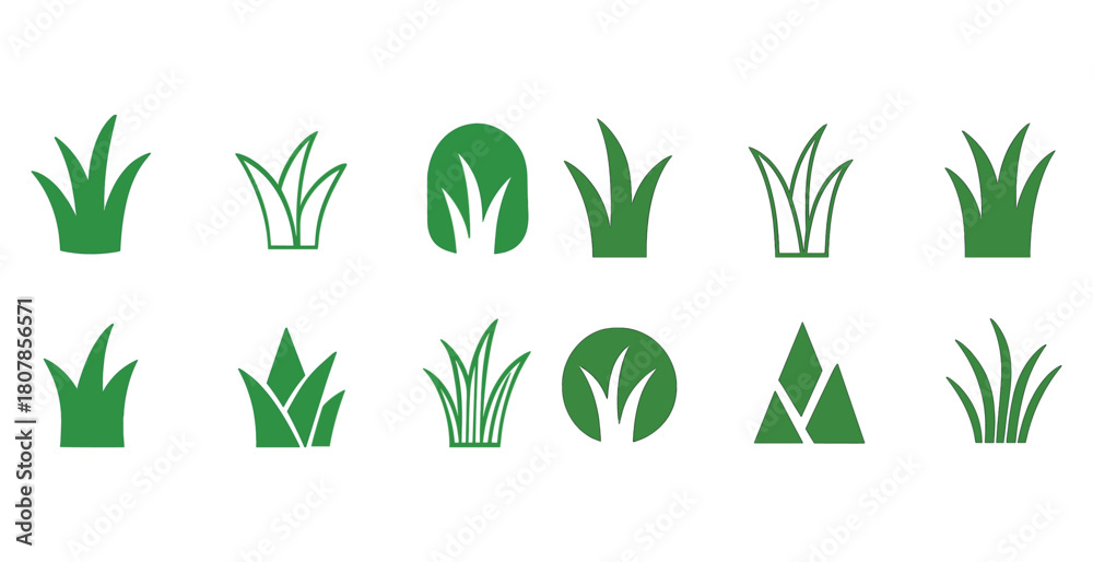 Fototapeta premium Collection of green grass icons in various geometric designs