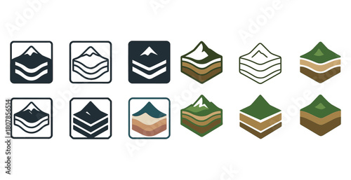 Geometric mountain and terrain icons in various styles and colors