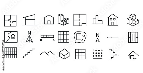 Set of minimalist architectural icons: floor plans, buildings, and compass symbols