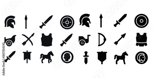 Set of ancient warfare icons: helmets, shields, weapons, and armor