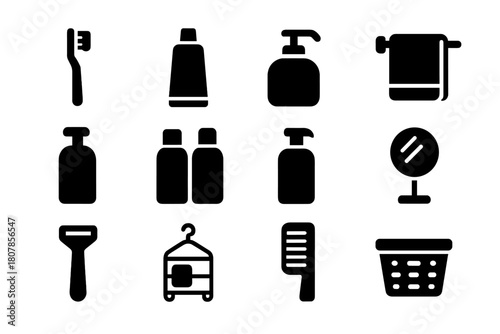 Bathroom Essentials Icons. Bathroom essentials. Line icon set of bathroom essentials: towel, soap bar, toothbrush, toothpaste, shampoo bottle, shower head,