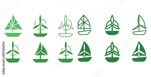 Set of eco-friendly green energy symbols featuring wind turbines and sailboats