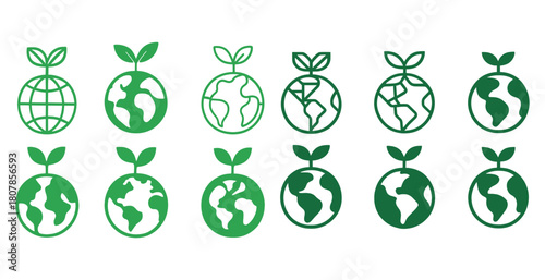Green globe icons with leaves representing environmental sustainability