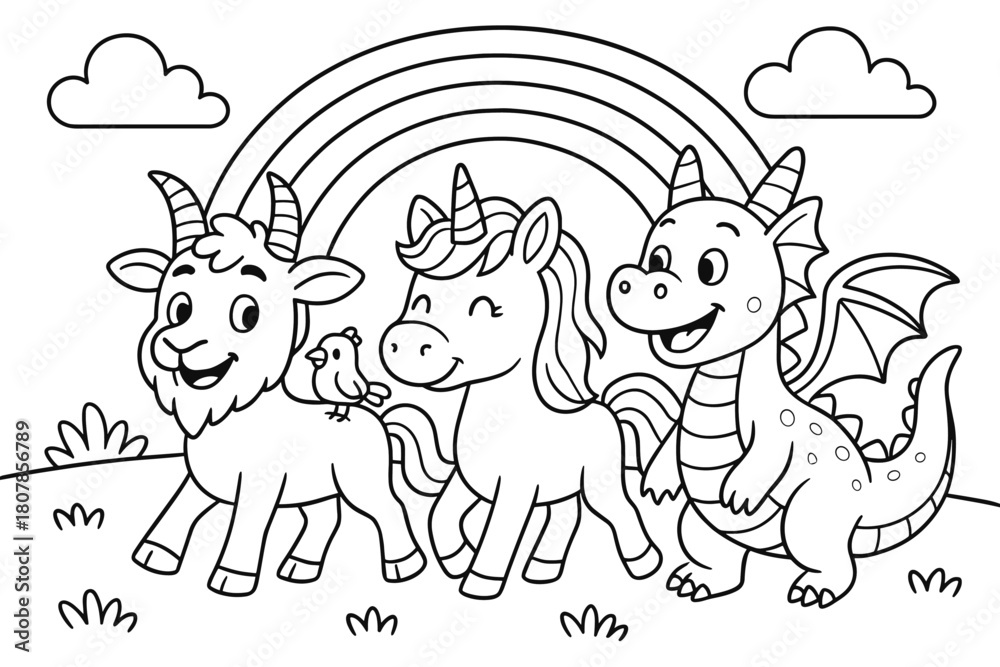 Obraz premium Chimera's Magical Journey. Chimera and friends adventure children?s coloring book illustration, outlined drawing, a cheerful chimera walking side by side with